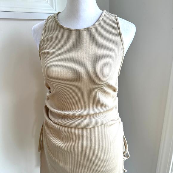 Zara Gold Tan Ribbed Side Tie Ruched Sexy Stretch Casual Tank Dress Medium - Picture 2 of 8